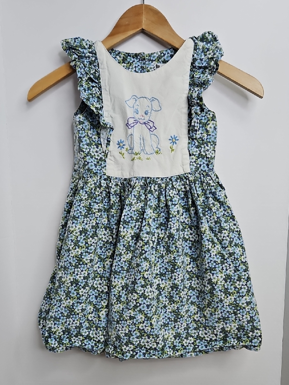 XOXO Nana Handmade Blue Floral Kitschy Puppy Ruffly Dress Sz 5